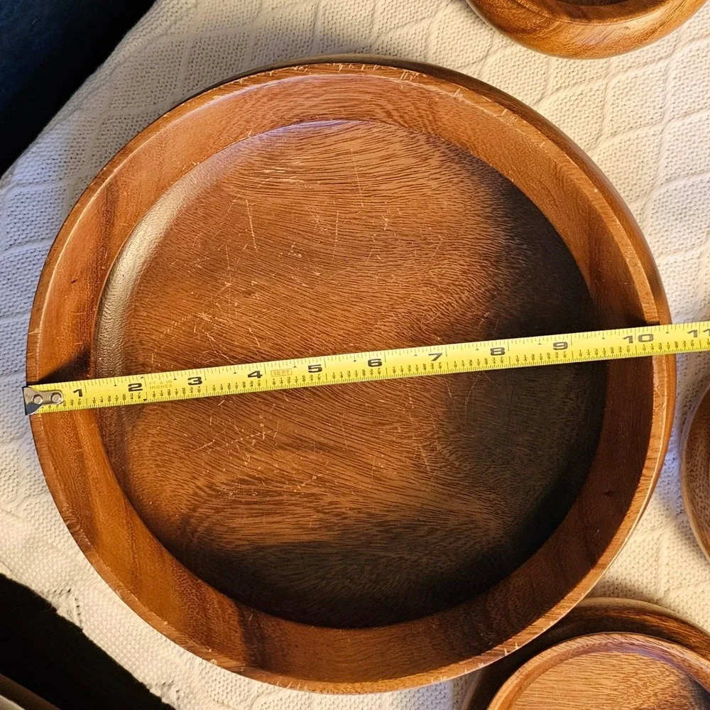 Vintage MCM Monkeypod Wood Salad Bowl Set 10 Piece Set Hawaiian Hand Carved